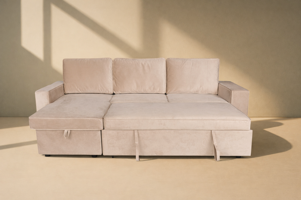 L Shaped Sofa Bed (Light Brown)