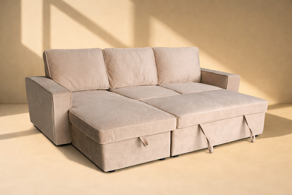 L Shaped Sofa Bed (Light Brown)